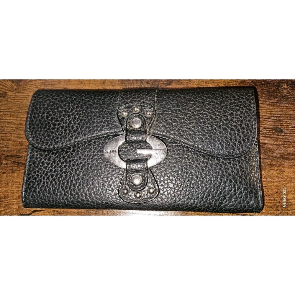 GUESS Black Embosed Faux Leather Trifold Envelope Women's Wallet Silver G